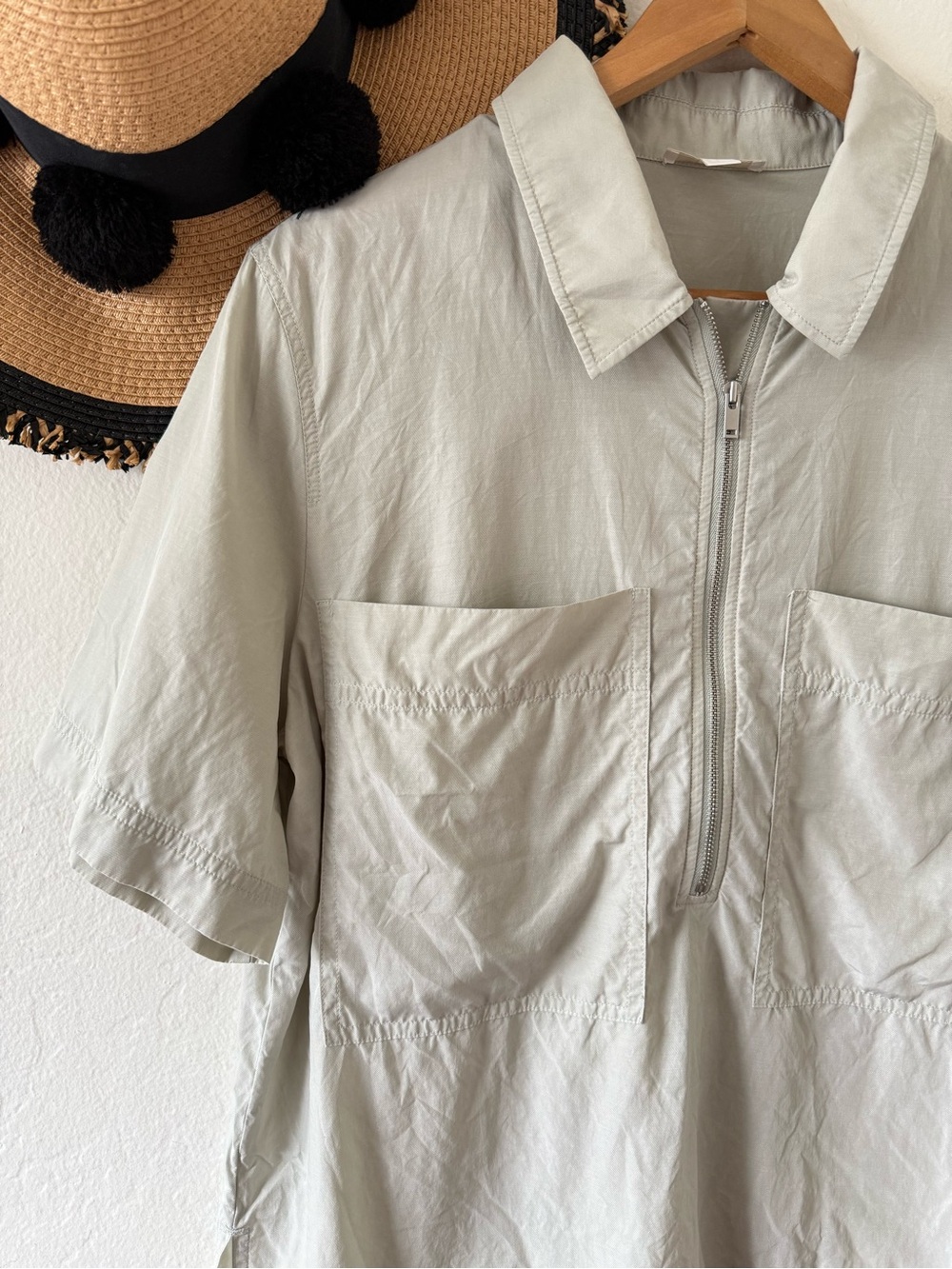 COS Sage Green Gray Half Zip Collared Short Sleeve Top Size 10 Utility Shirt - Picture 4 of 11